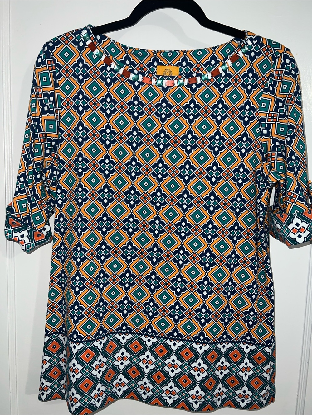 Ruby Rd. Geometric Print Tunic in Teal, Orange & Navy